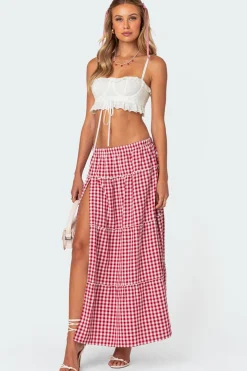 Gingham Side Slit Tiered Maxi Skirt