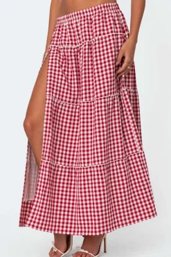 Gingham Side Slit Tiered Maxi Skirt