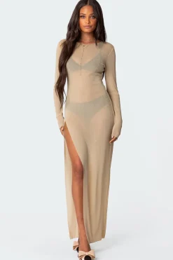 Glitter Mesh Slitted Maxi Dress