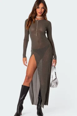 Glitter Mesh Slitted Maxi Dress