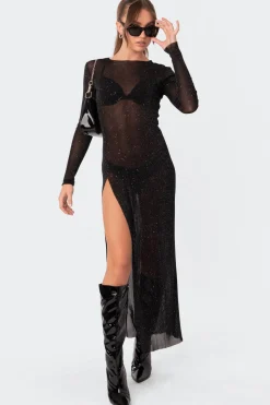 Glitter Mesh Slitted Maxi Dress