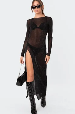 Glitter Mesh Slitted Maxi Dress