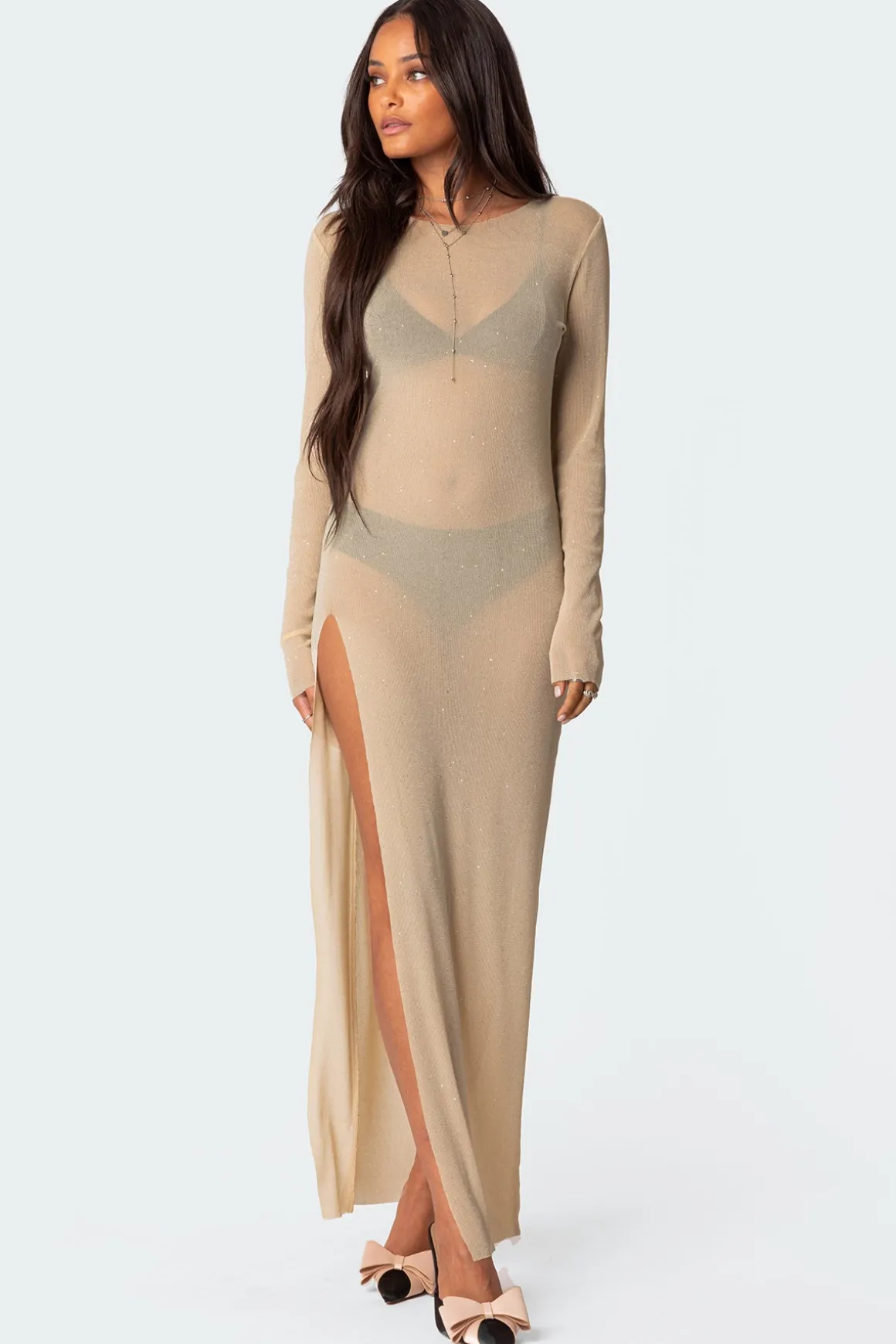 Glitter Mesh Slitted Maxi Dress