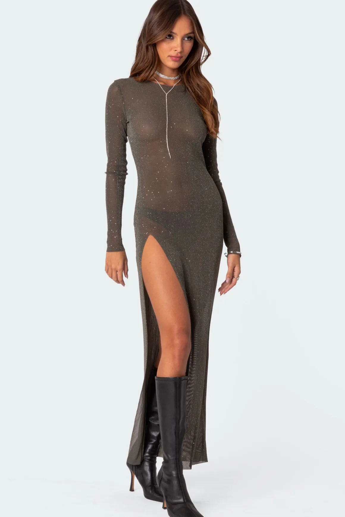 Glitter Mesh Slitted Maxi Dress
