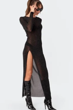 Glitter Mesh Slitted Maxi Dress