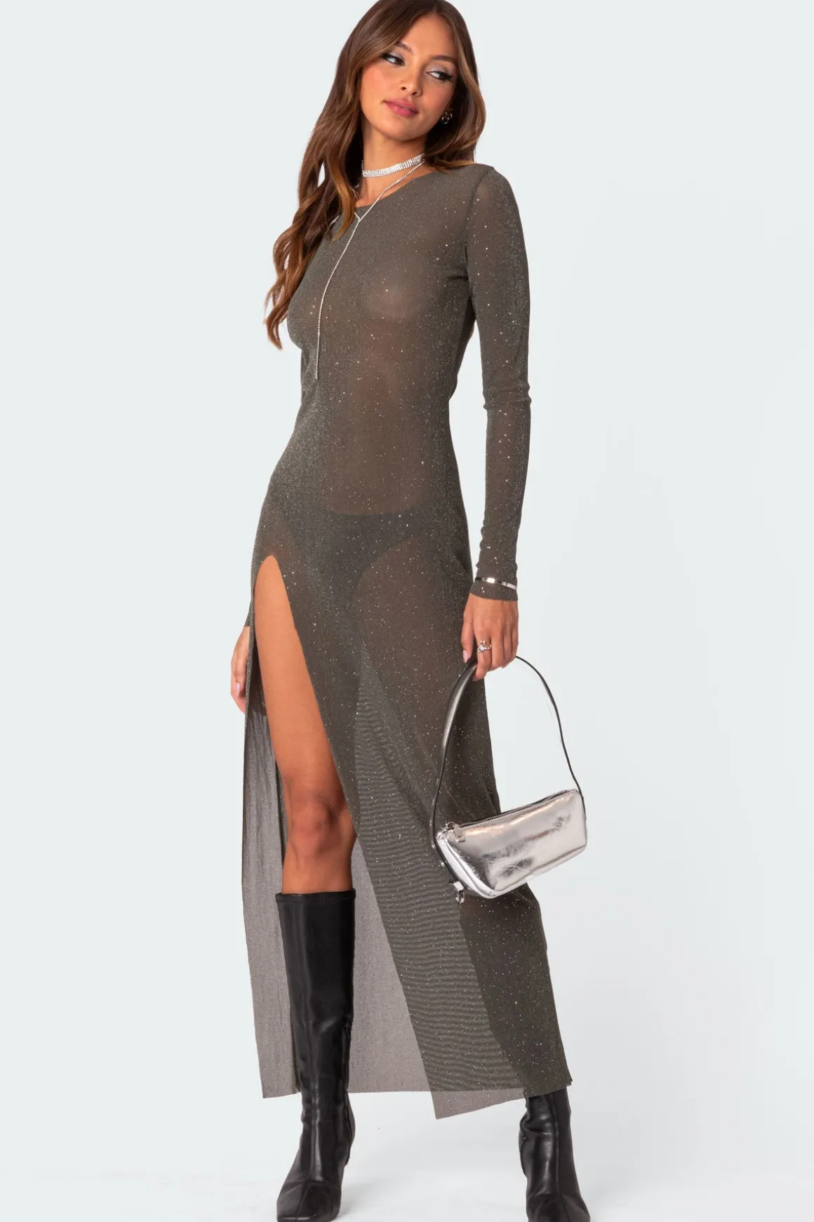 Glitter Mesh Slitted Maxi Dress