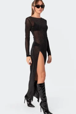 Glitter Mesh Slitted Maxi Dress