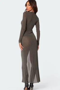 Glitter Mesh Slitted Maxi Dress