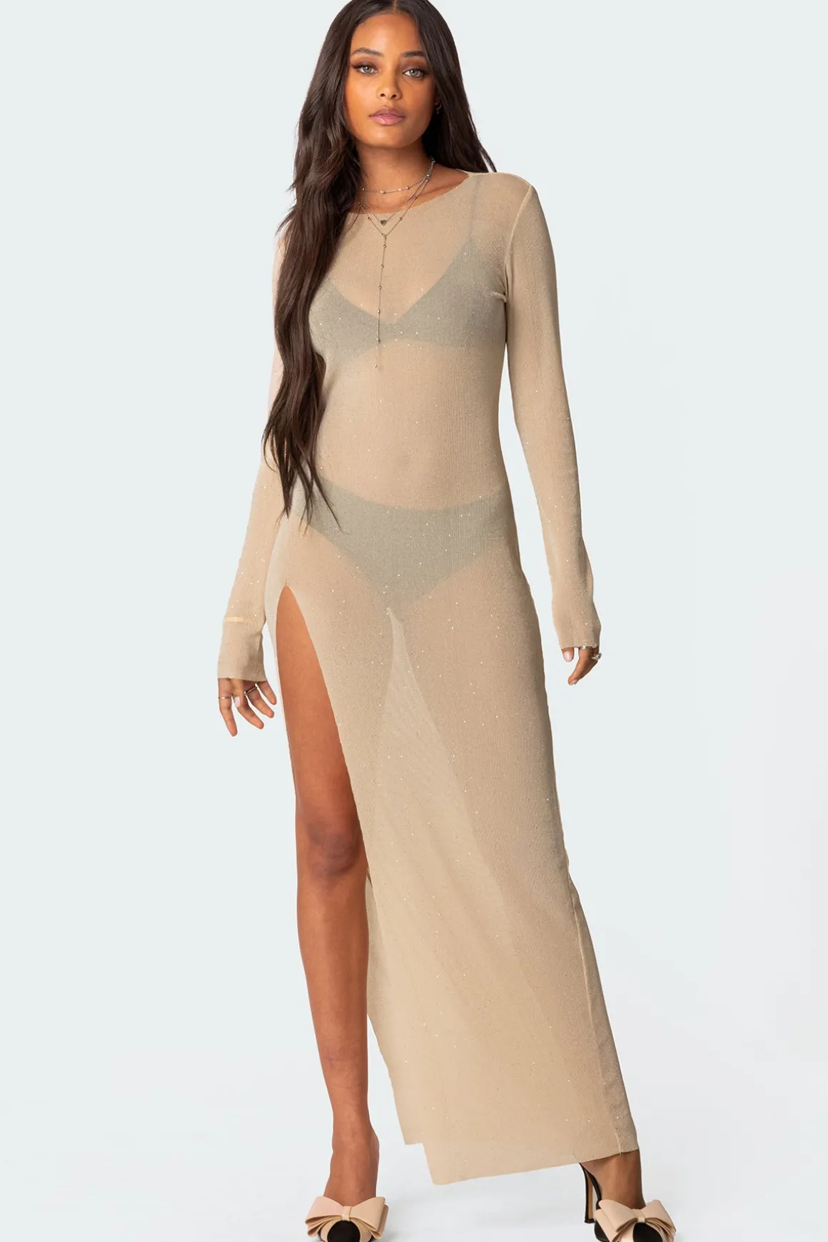 Glitter Mesh Slitted Maxi Dress