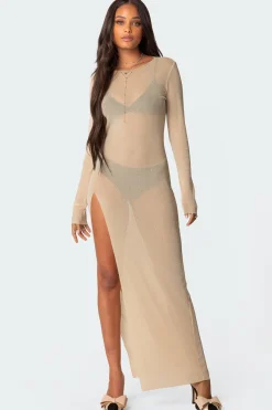 Glitter Mesh Slitted Maxi Dress