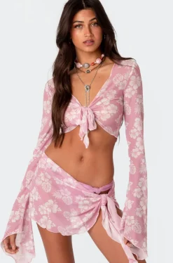 Hibiscus Tie Front Mesh Crop Top