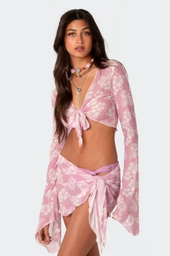 Hibiscus Tie Front Mesh Crop Top