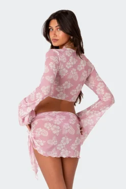 Hibiscus Tie Front Mesh Crop Top