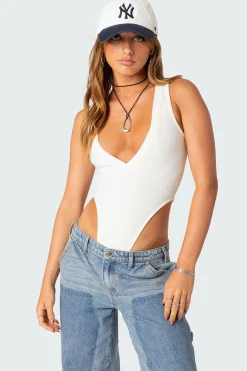 High Cut Ribbed V Neck Bodysuit