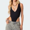 High Cut Ribbed V Neck Bodysuit