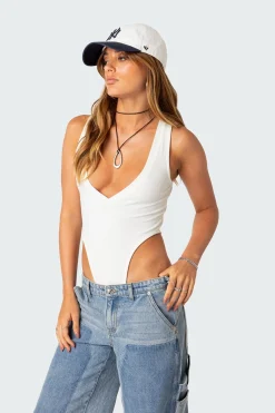 High Cut Ribbed V Neck Bodysuit