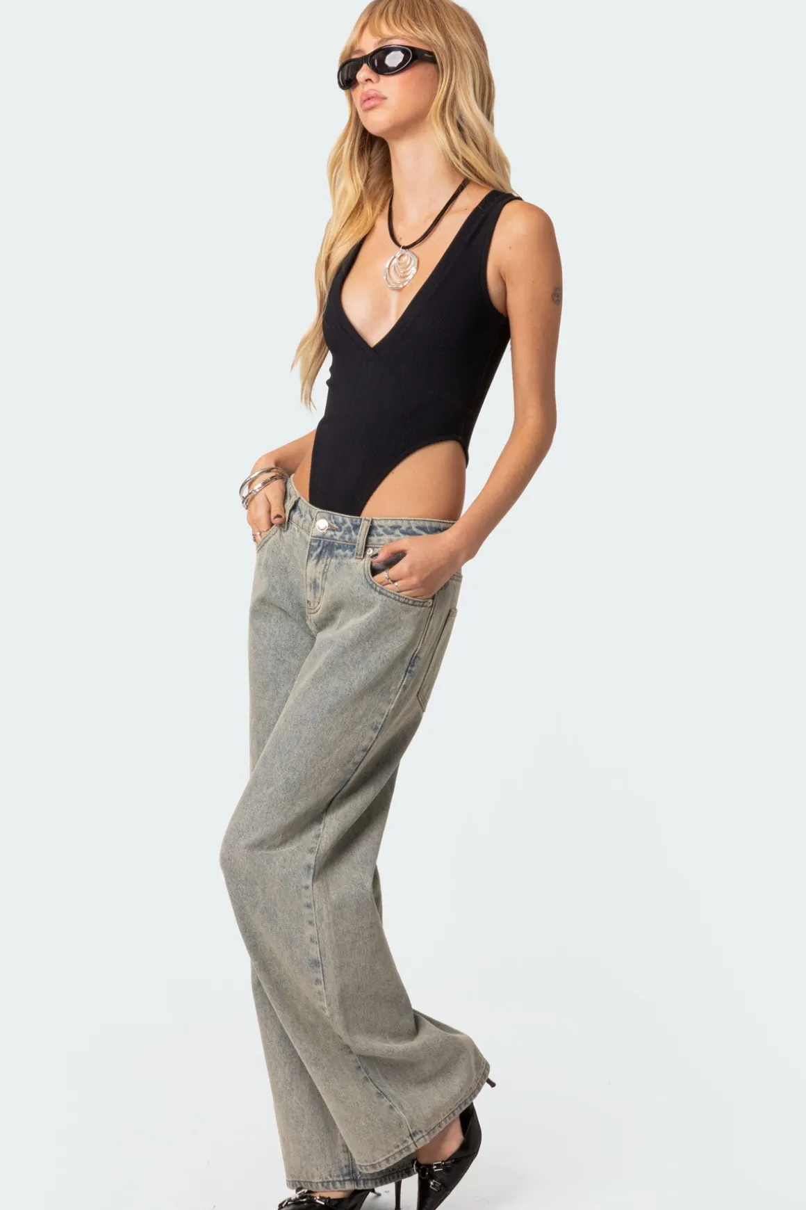 High Cut Ribbed V Neck Bodysuit