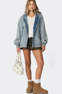 Hooded Vintage Washed Denim Bomber Jacket