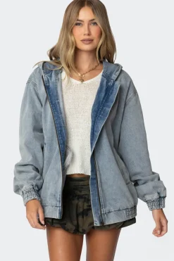 Hooded Vintage Washed Denim Bomber Jacket