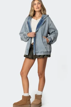 Hooded Vintage Washed Denim Bomber Jacket