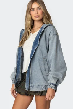 Hooded Vintage Washed Denim Bomber Jacket