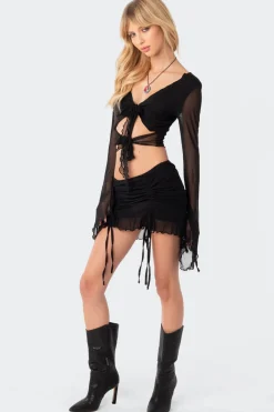 Indigo Gathered Mesh Mini Skirt