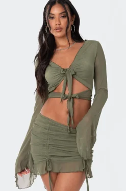 Indigo Tie Front Mesh Crop Top