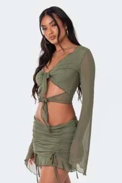 Indigo Tie Front Mesh Crop Top