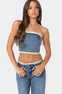 Karlie Lace Trim Denim Tube Top