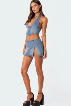 Katrina Slitted Denim Mini Skirt