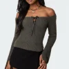 Keyhole Off Shoulder Ribbed Knit Top