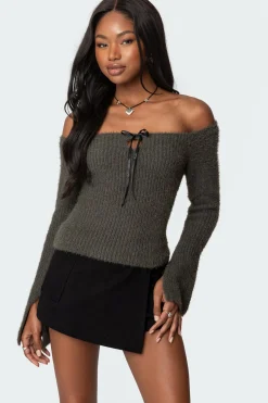 Keyhole Off Shoulder Ribbed Knit Top