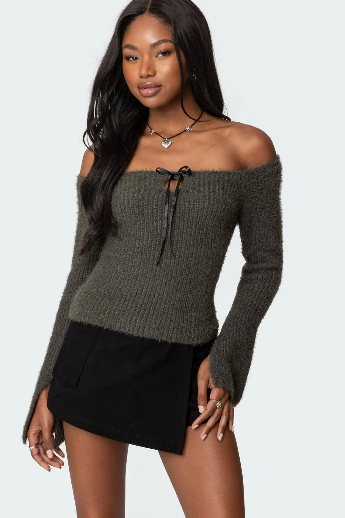 Keyhole Off Shoulder Ribbed Knit Top