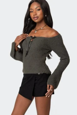 Keyhole Off Shoulder Ribbed Knit Top