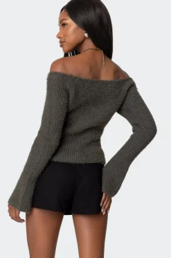 Keyhole Off Shoulder Ribbed Knit Top