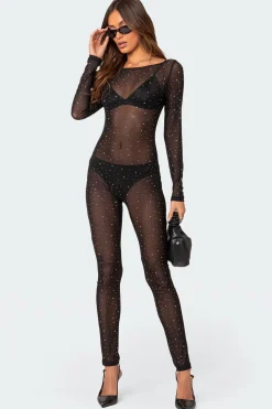 Kristine Sheer Mesh Rhinestone Jumpsuit