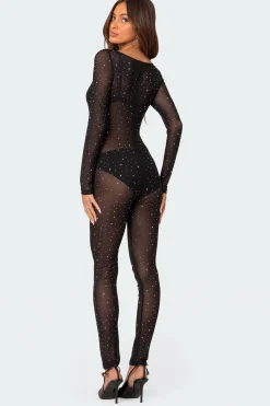 Kristine Sheer Mesh Rhinestone Jumpsuit