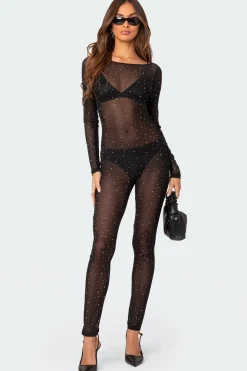 Kristine Sheer Mesh Rhinestone Jumpsuit