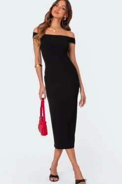 Kyla Off Shoulder Ribbed Midi Dress