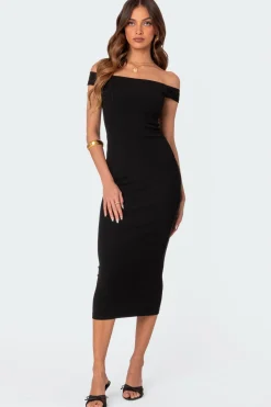 Kyla Off Shoulder Ribbed Midi Dress
