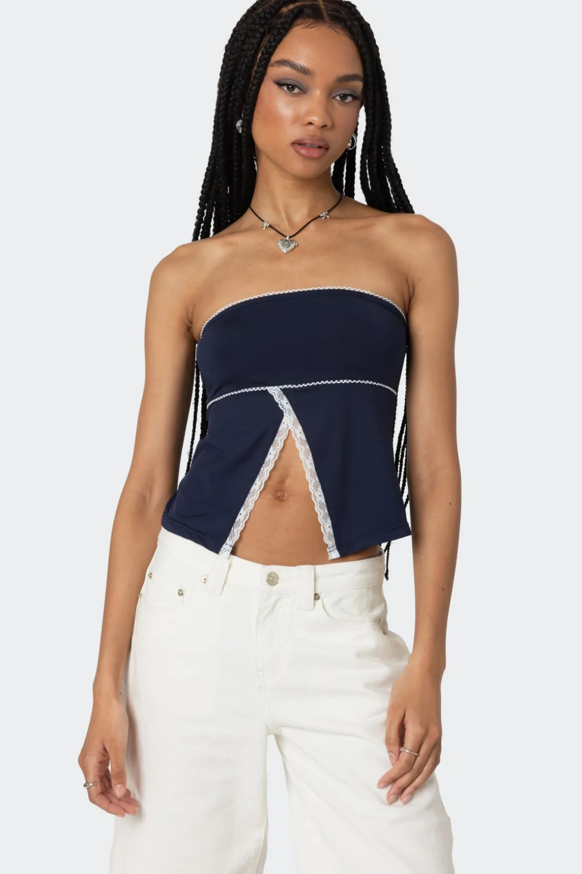 Lace Trim Split Front Tube Top
