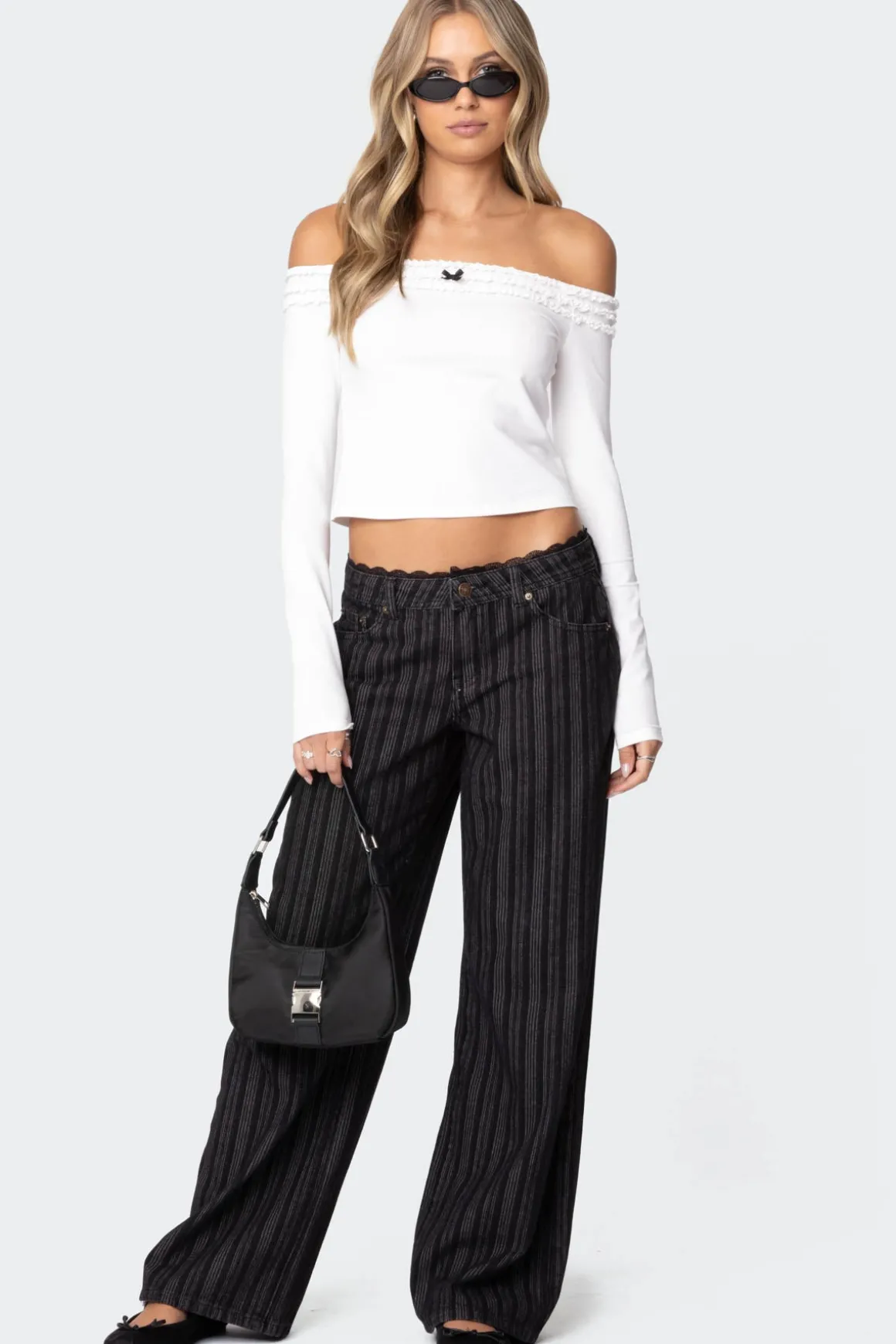Lace Trim Striped Low Rise Jeans