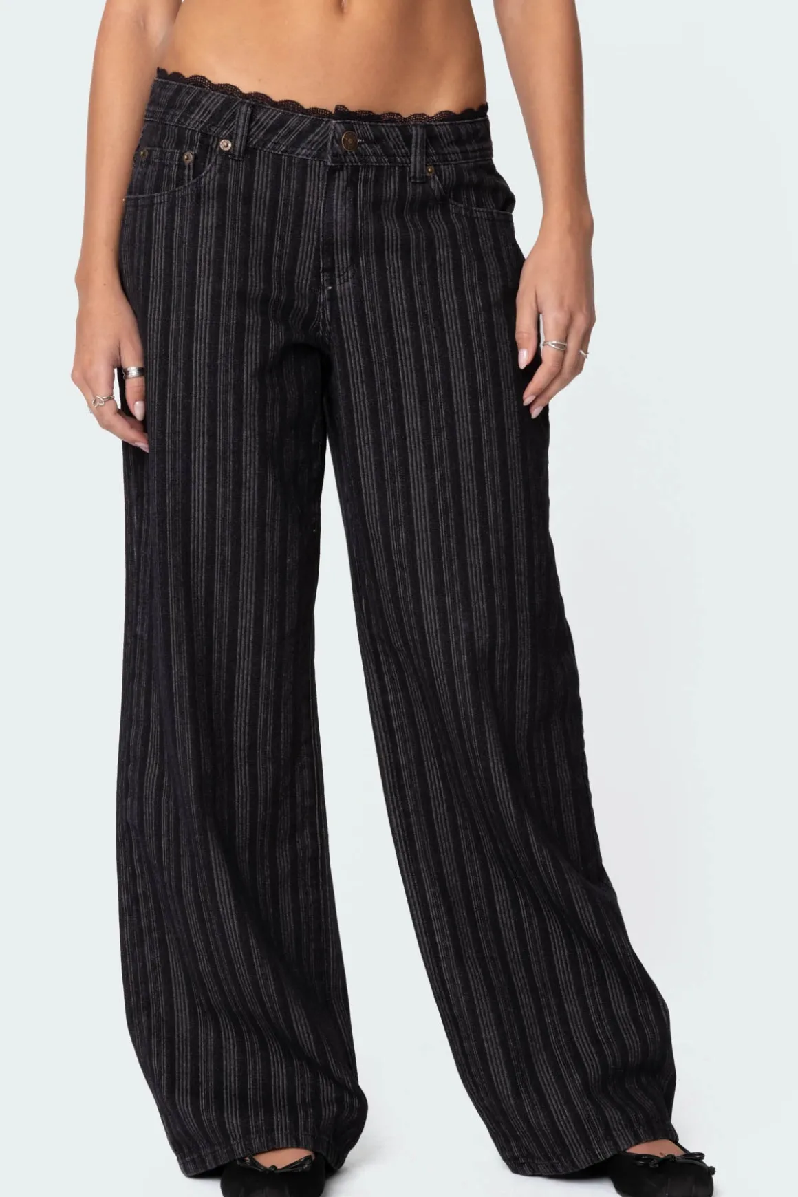 Lace Trim Striped Low Rise Jeans