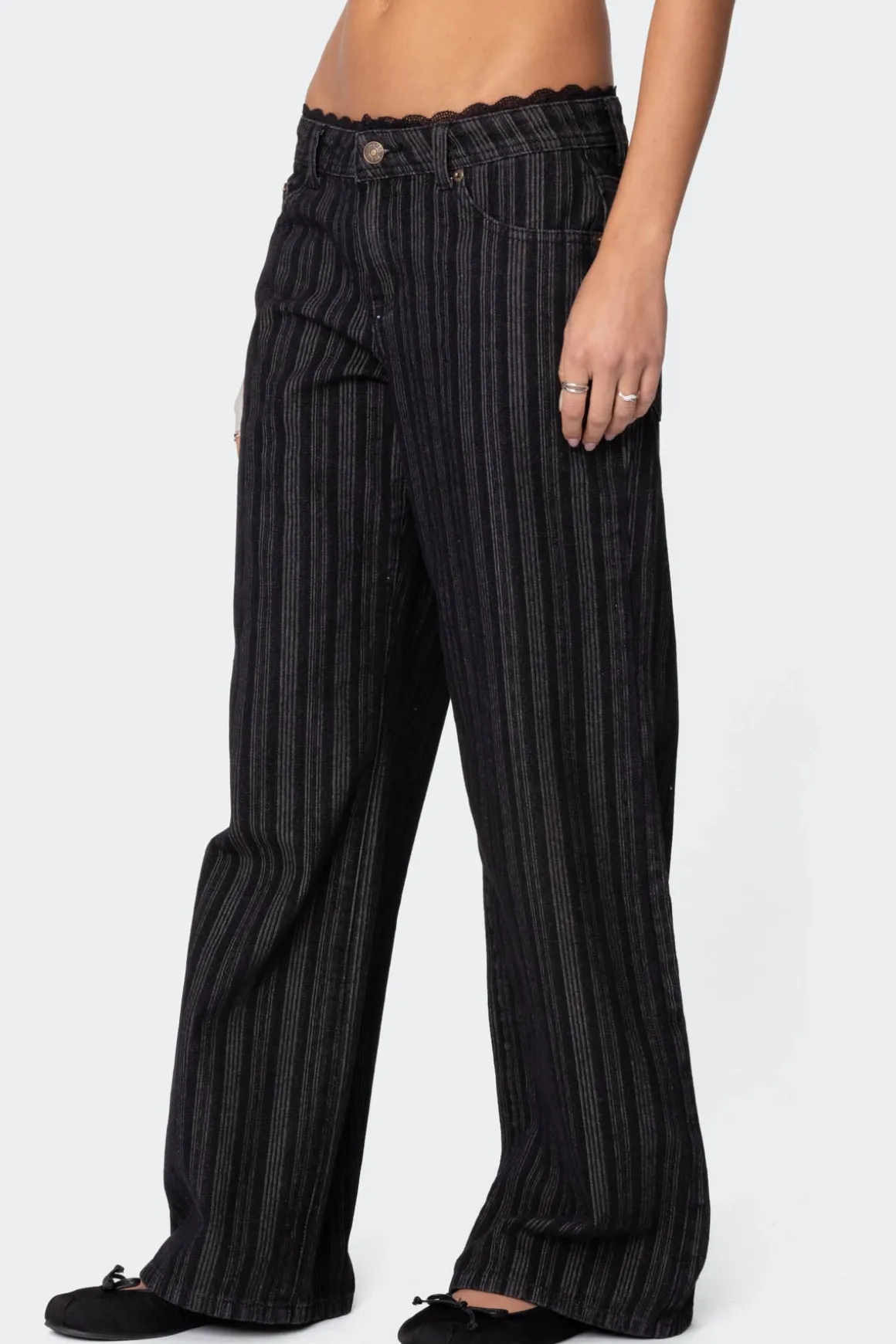 Lace Trim Striped Low Rise Jeans