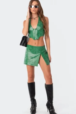 Lana Faux Croc Leather Slitted Skirt