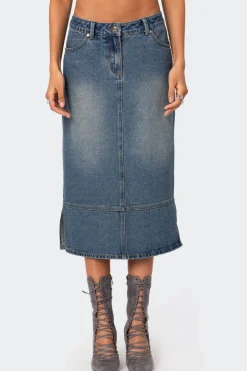 Lassy Washed Denim Midi Skirt