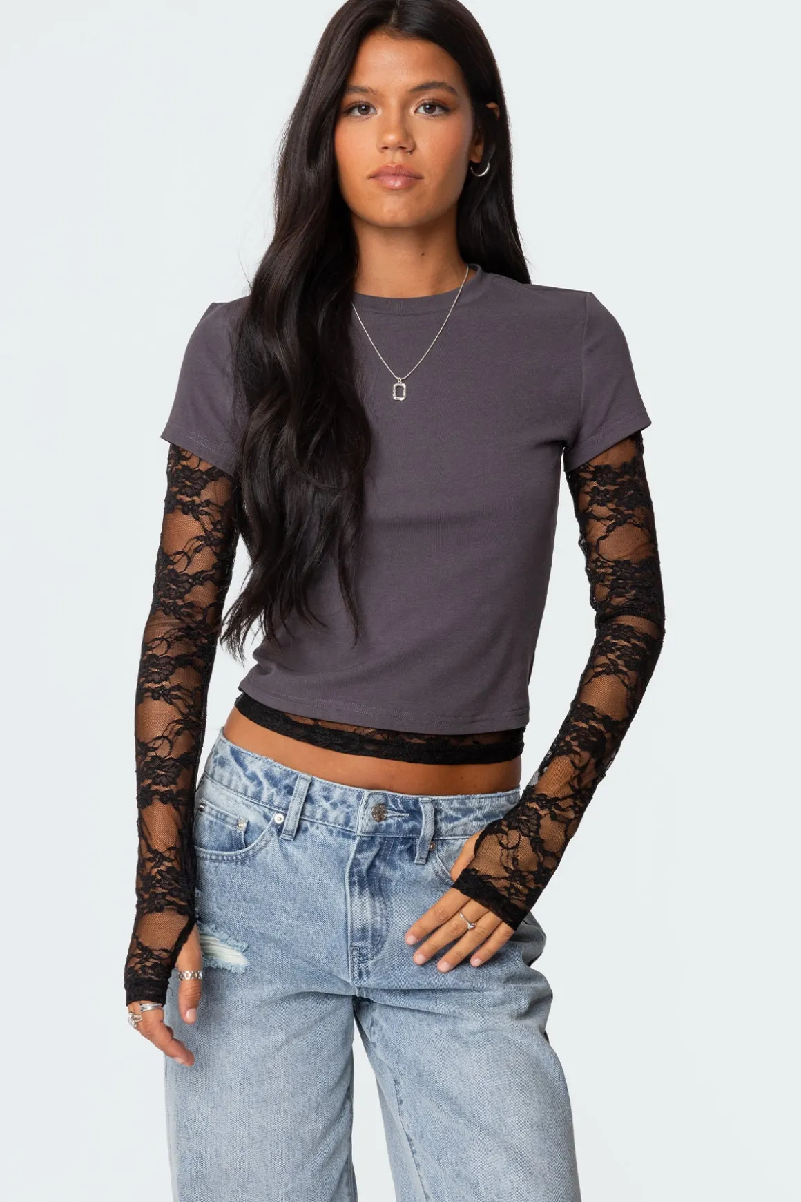 Layered Lace Sleeve T Shirt