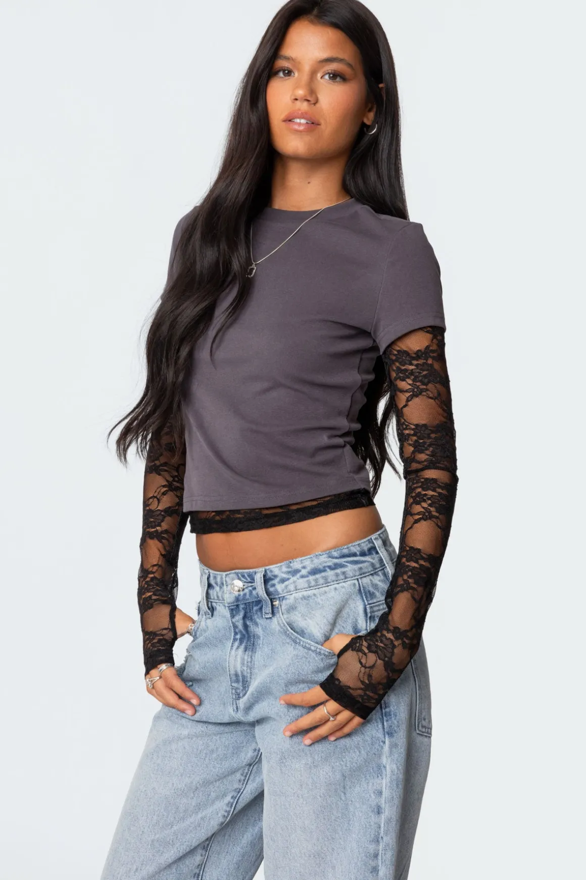Layered Lace Sleeve T Shirt
