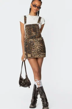 Leopard Denim Overall Mini Dress