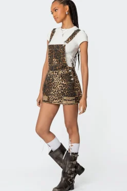 Leopard Denim Overall Mini Dress